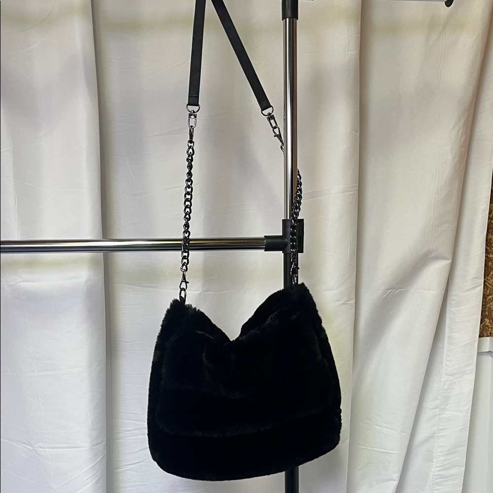 Rae of Light Black Faux Fur crossbody Bag messenger style with fold over flap